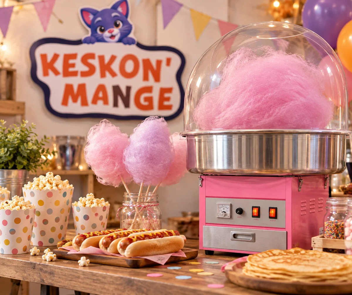 Stand Keskonmange : machine à barbe à papa, pop-corn, hot-dogs et crêpes sous les fanions